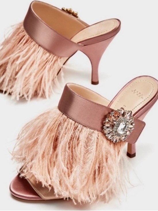Zara Shoes - Zara Blush Feather Mule Heels with Crystal Buckle